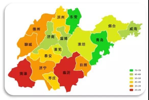 淄博和威海,得分后五位地市分别为菏泽,临沂,济宁,聊城和德州,从地图图片