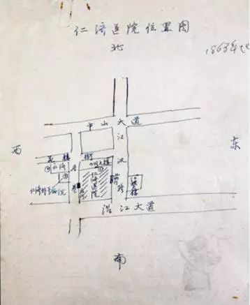 早期汉口仁济医院方位示意图,武汉协和老医师胡崇道先生 1982 年手绘