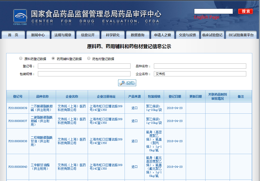 AVT 布比卡因脂质体三个关键辅料获得登记号公示