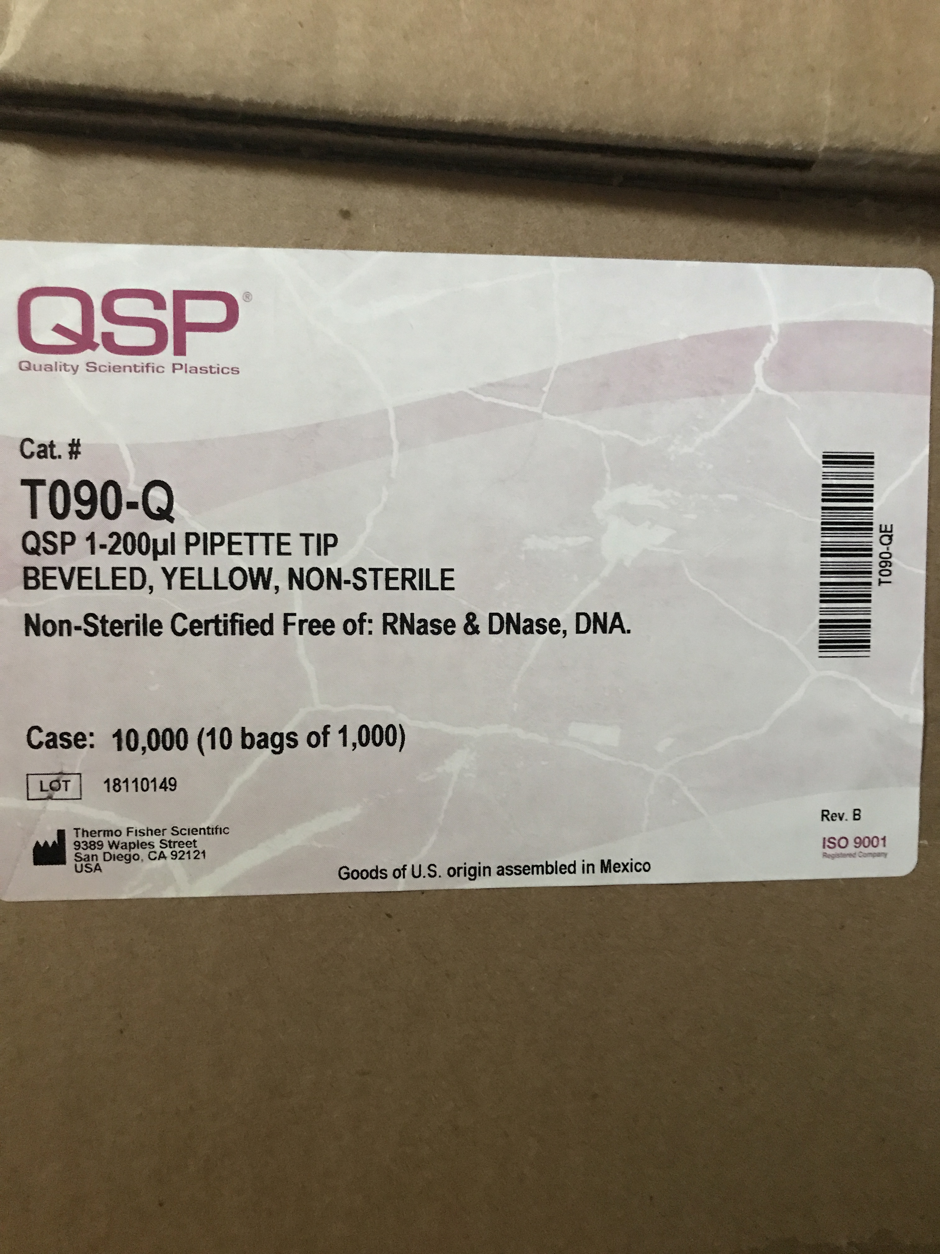 QSP T090-Q非灭菌1-200μl黄色收尖吸头13611631389上海睿安生物