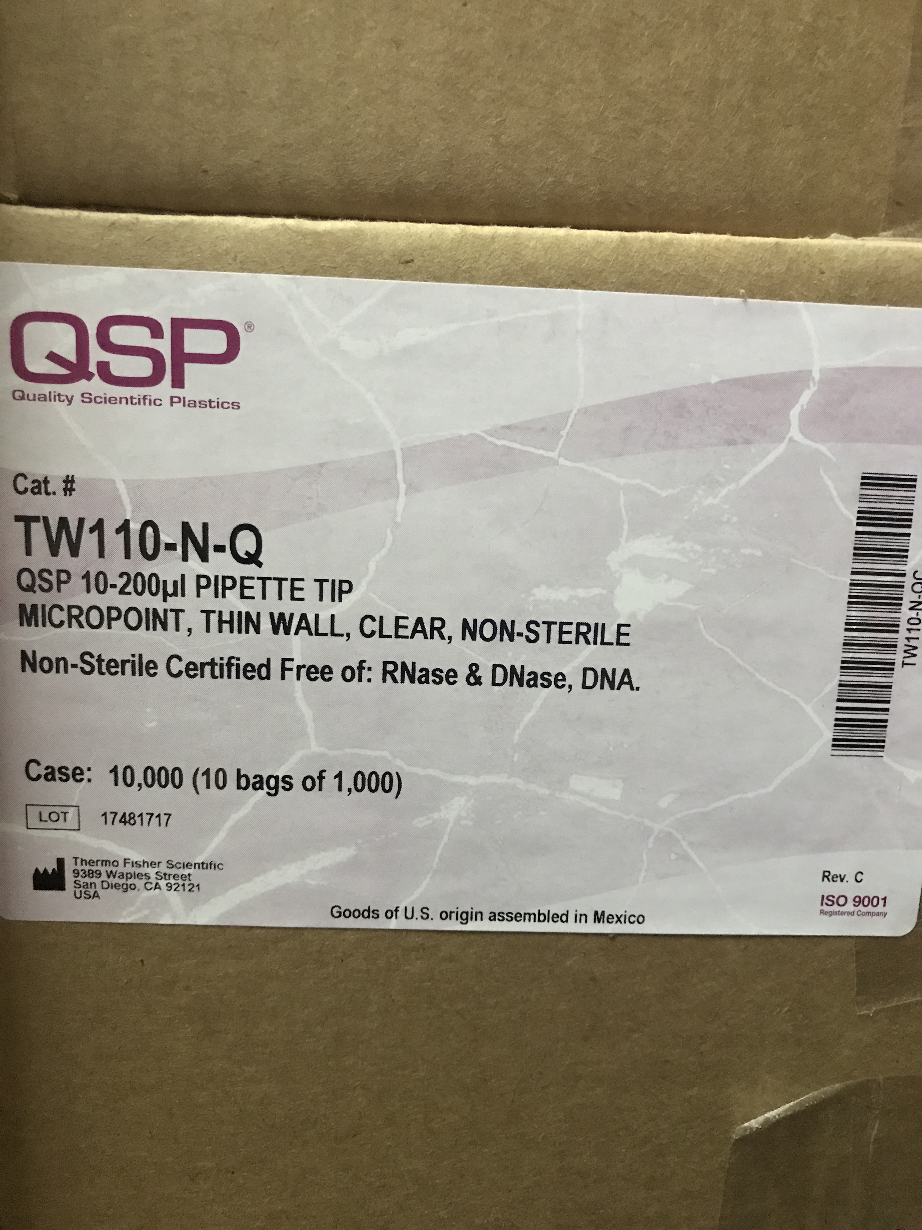 QSP TW110-N-Q,1-250µl薄壁吸头,无色透明,袋装,10000/箱