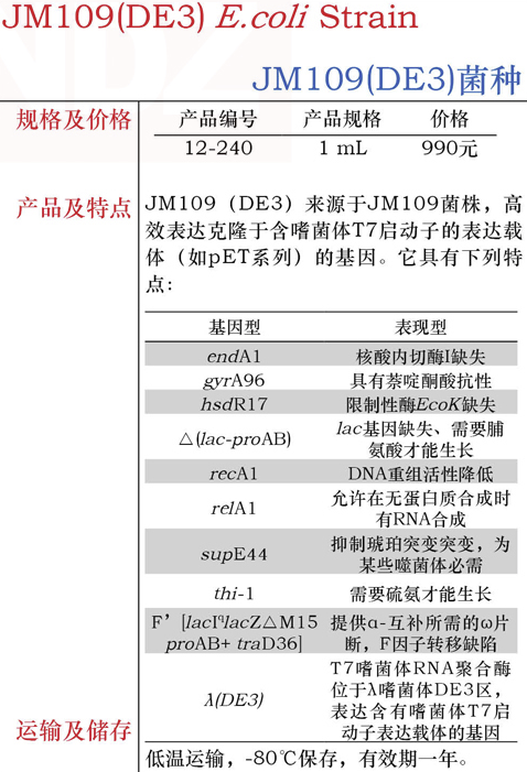 大肠杆菌JM109(DE3)菌种
