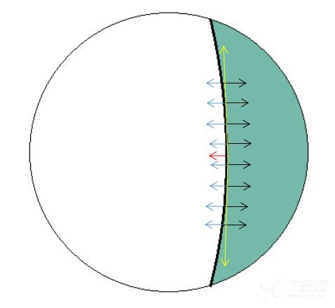 细线被液体分子拉绷紧之后,细线就产生了张力(黄箭头)