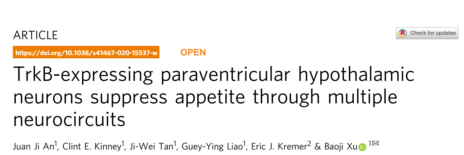 下丘脑室旁核脑区表达TrkB多个神经环路调控摄食行为
