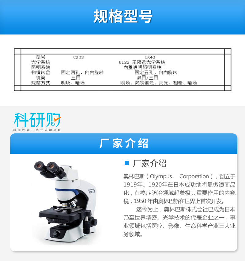 奥林巴斯显微镜CX43技术参数和厂家介绍