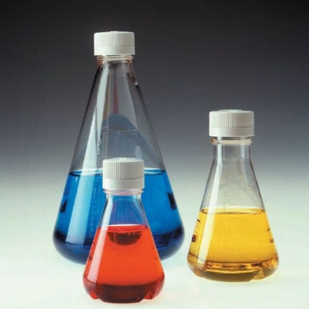 一次性无菌锥形瓶，平底，PETG（聚对苯二甲酸乙二醇酯共聚物），白色高密度聚乙烯（HDPE）盖，125ml容量   4112-0125