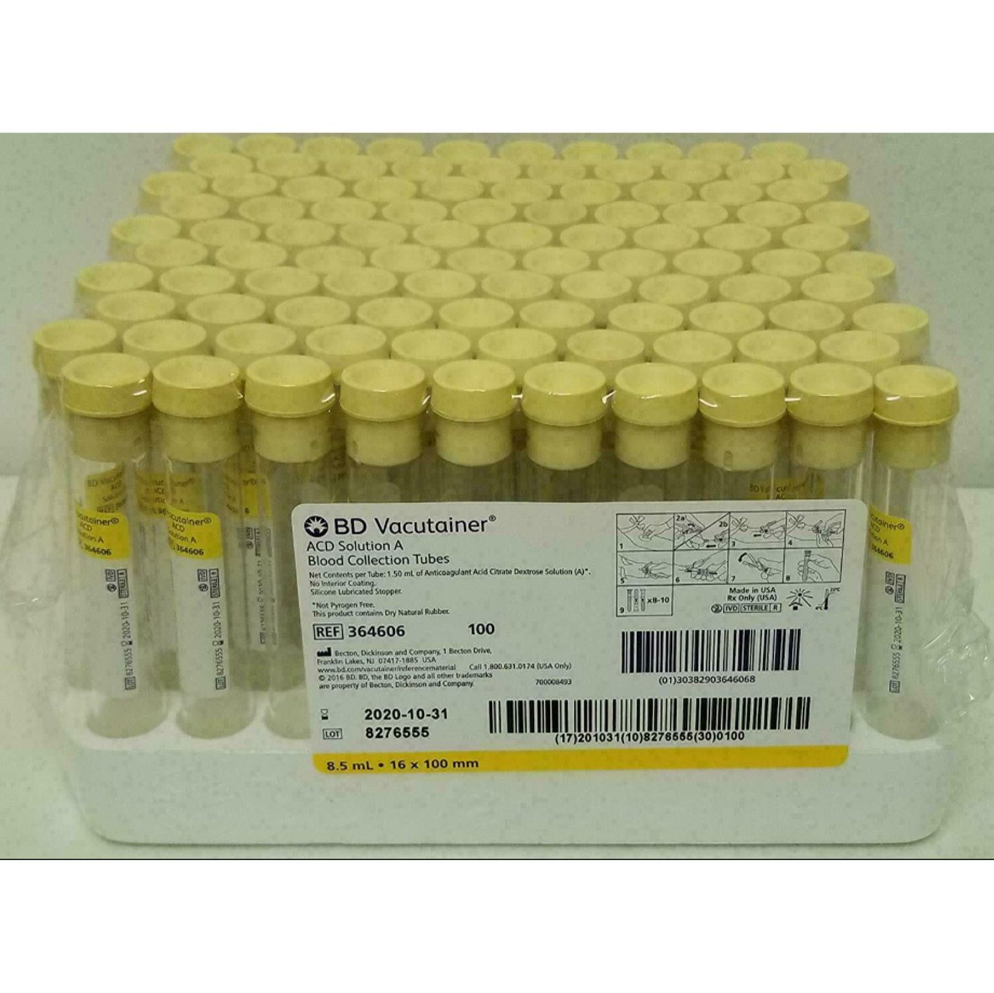 BD 364606 8.5mL ACD全血玻璃管，A型ACD溶液:枸橼三钠、枸橼酸、右旋葡萄糖，黄色一般盖，现货