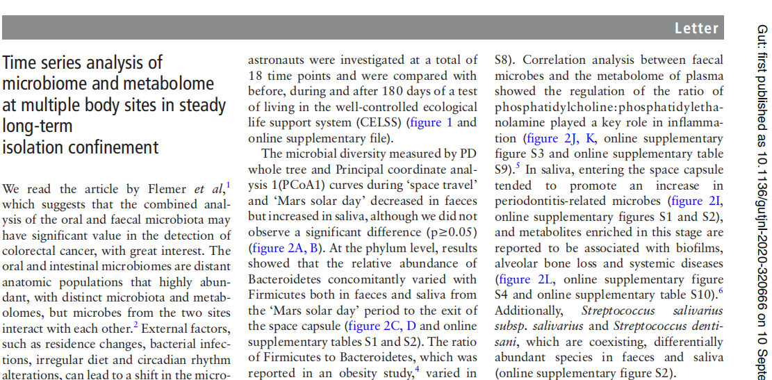 Gut(IF=19.819)：时间序列分析研究人在长期密闭环境下的微生态和代谢物变化