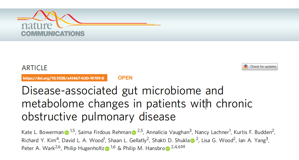 文献分享 | 慢性阻塞性肺病患者相关肠道菌群和代谢组学变化