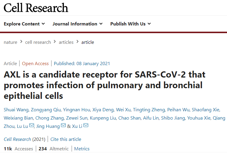 Cell Research丨西湖大学合作团队发现新冠感染人类呼吸系统的新潜在受体AXL
