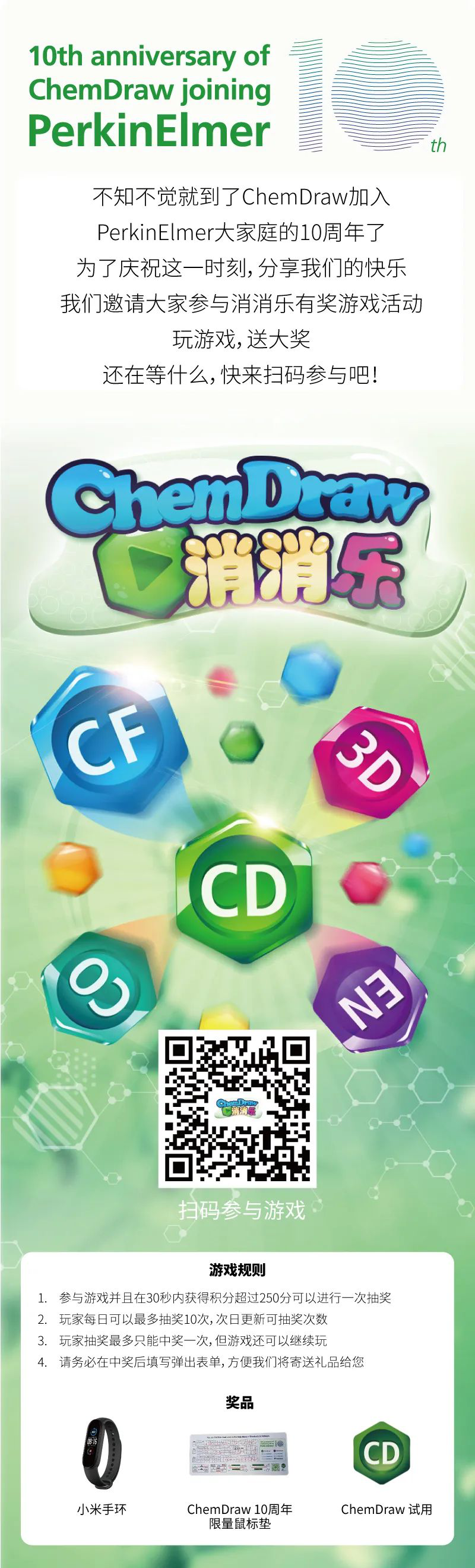 玩 ChemDraw 消消乐赢大奖，庆祝加入珀金埃尔默 10 周年