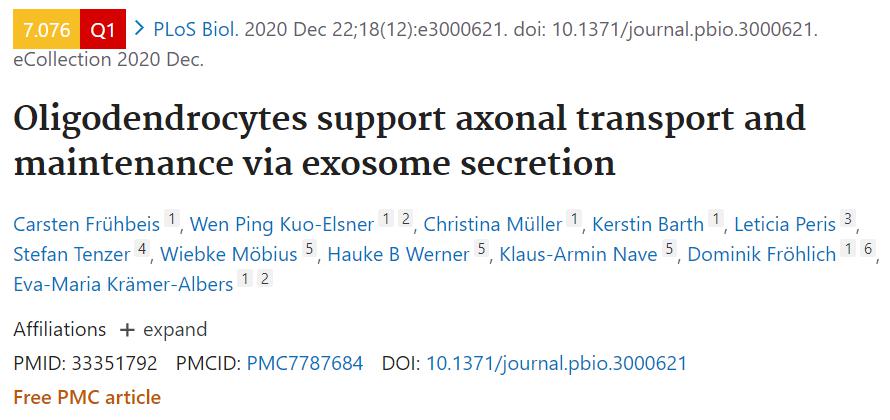 少突胶质细胞分泌外泌体支持轴突转运和维持