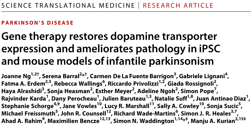 Science 转化医学快讯｜AAV基因治疗恢复IPSC和小鼠PD模型多巴胺转运体的表达，并改善病理表型