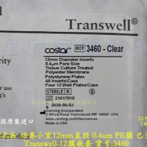 康宁Transwell膜嵌套12孔12mm 0.4um孔径PE膜 已灭菌Costar 3460