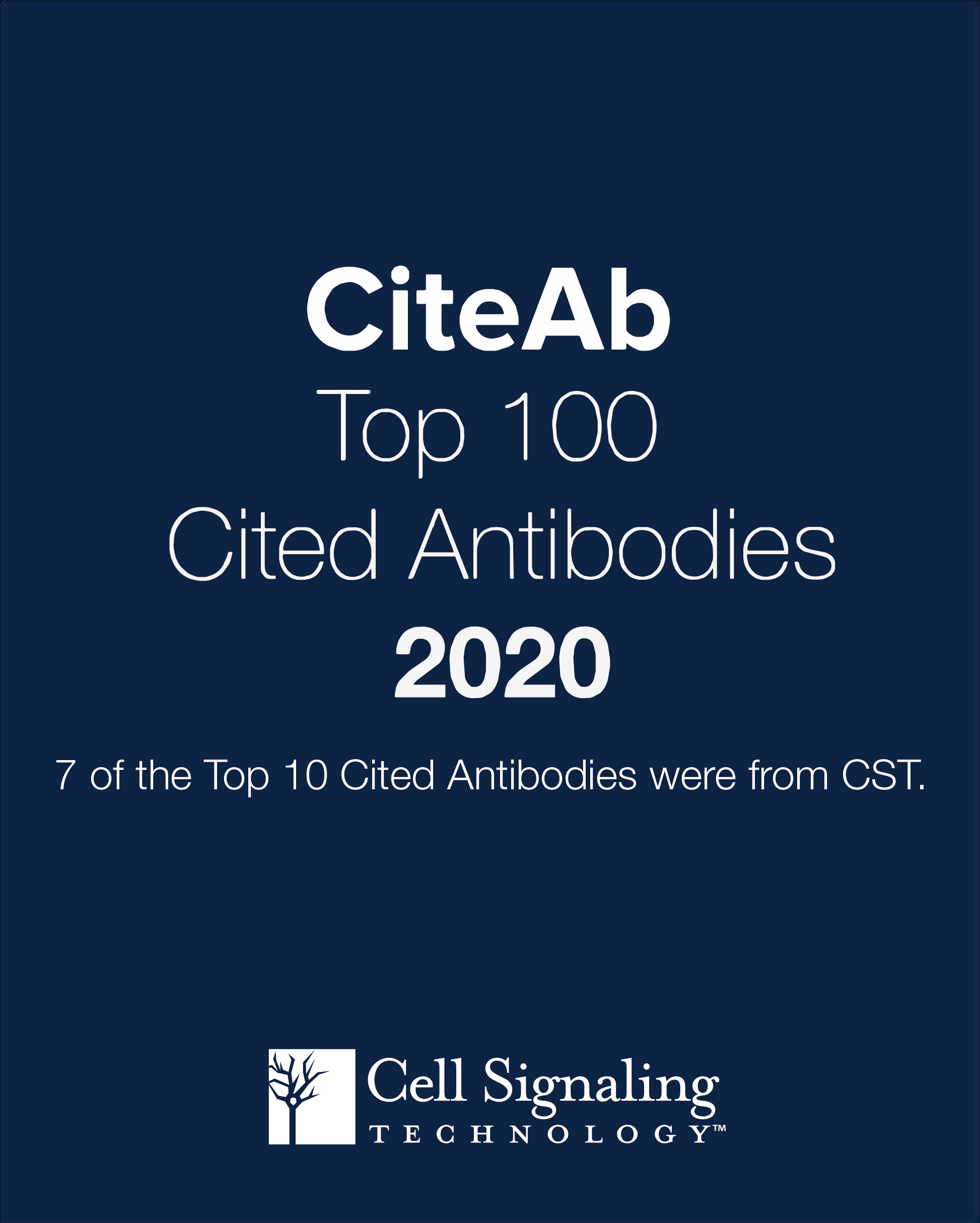 CST 连续5年位居榜首，2020年提供全球最多的前100名引用抗体，且在前10名中独占7席