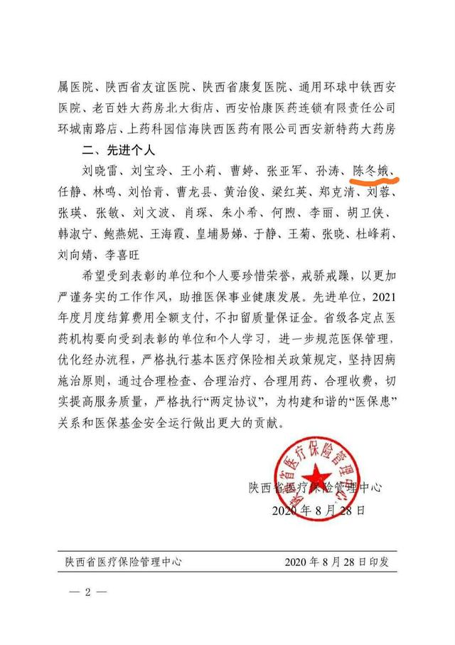 西安高新医院荣获省级定点医药机构先进单位，陈冬娥主任荣获先进个人