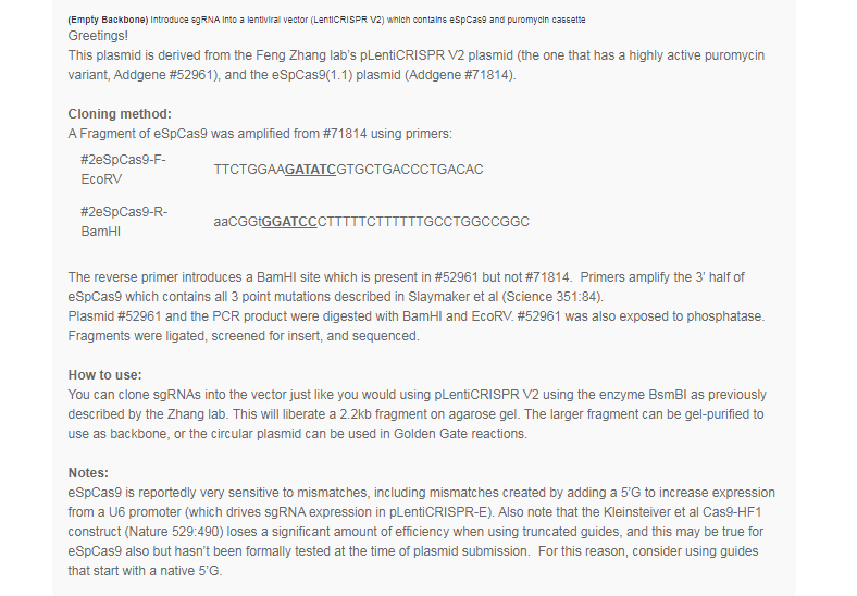 LentiCRISPRV2GFP哺乳编辑质粒