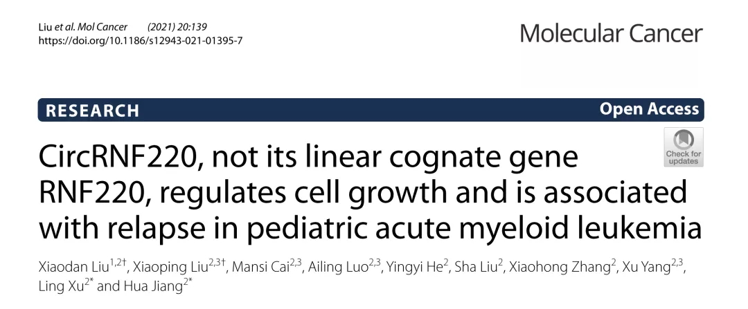 Mol Cancer丨CircRNF220调节细胞生长并与小儿急性髓系白血病复发有关