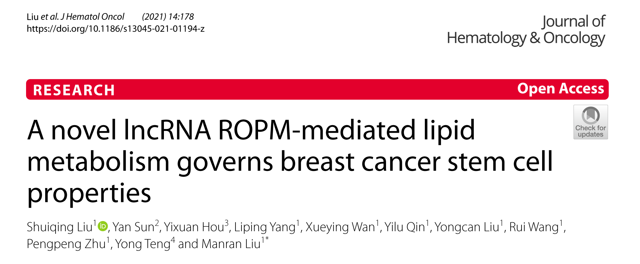 J Hematol Oncol（IF17+）丨新型lncRNA ROPM介导的脂质代谢控制乳腺癌干细胞特性