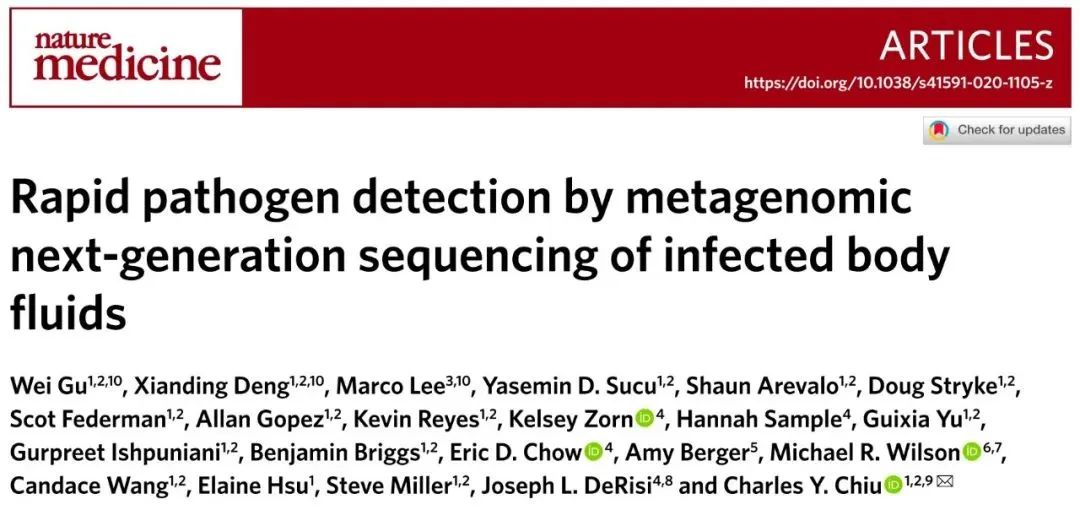 Nature Medicine : 利用宏基因组测序技术快速检测人类体液样本中的病原体