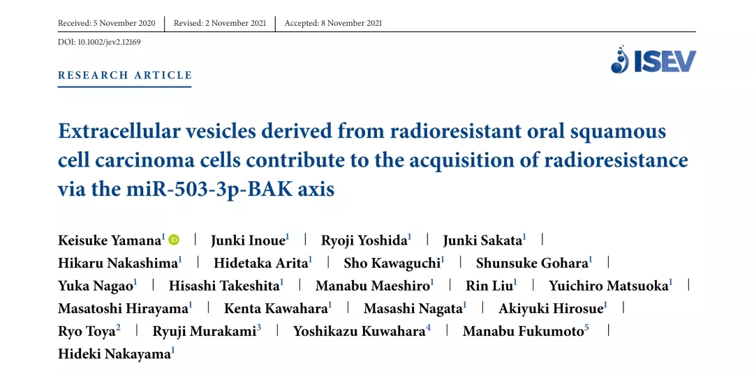 JEV（IF25+）丨抗放射性OSCC细胞源性EVs通过miR-503-3p-BAK轴有助于获得放射抗性