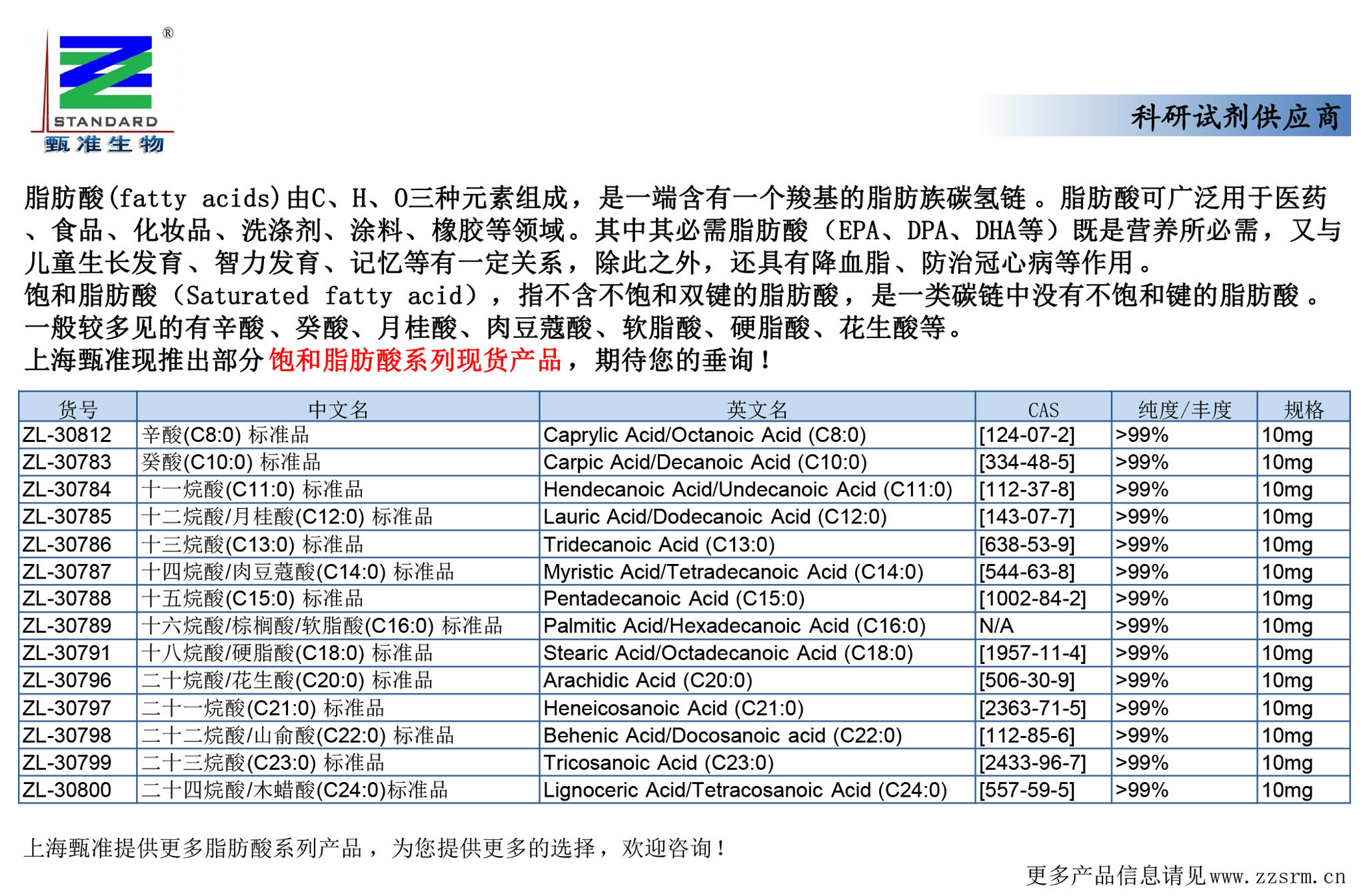 上海甄准现推出部分饱和脂肪酸系列现货产品，期待您的垂询！
