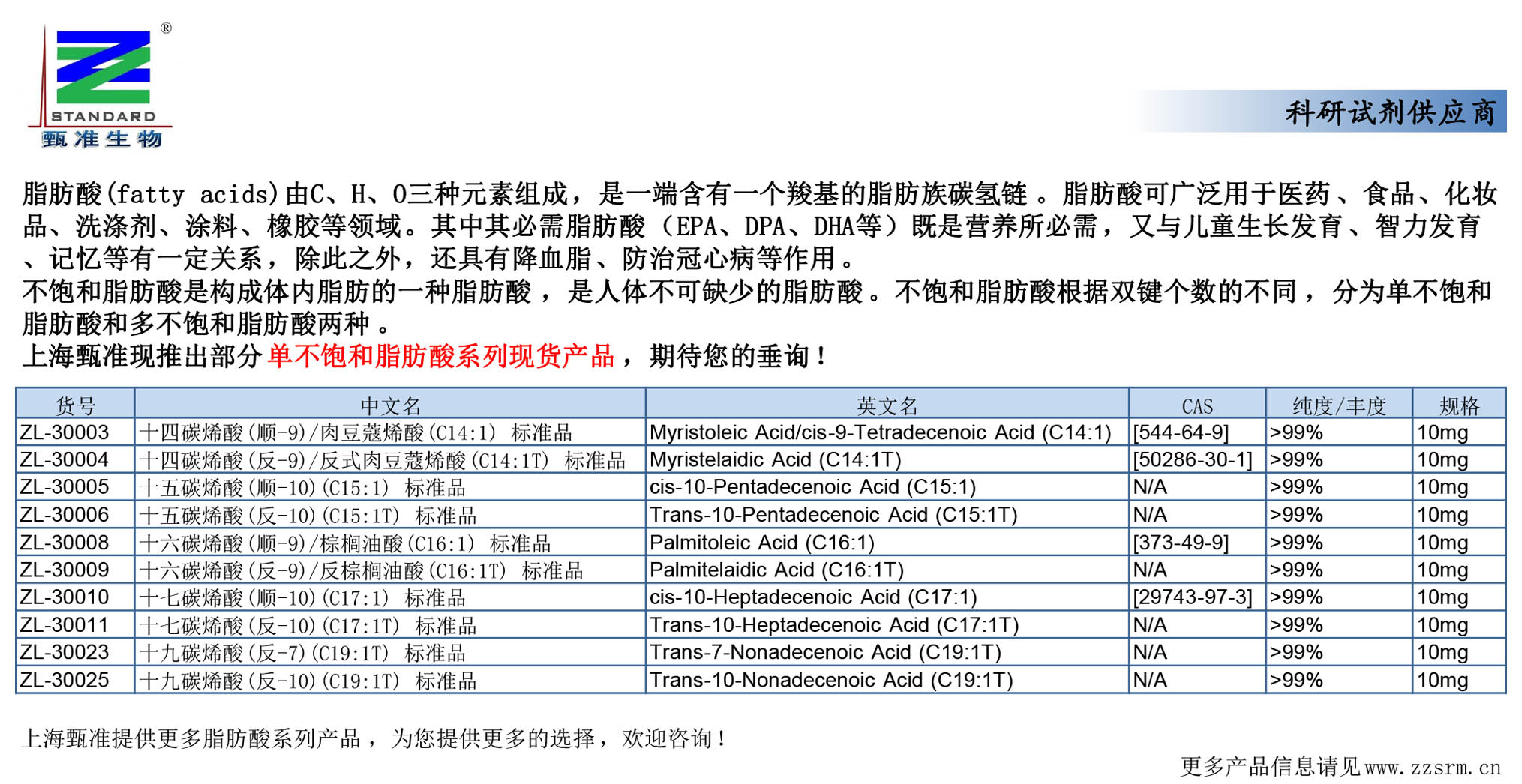 上海甄准现推出部分单不饱和脂肪酸系列现货产品，期待您的垂询！