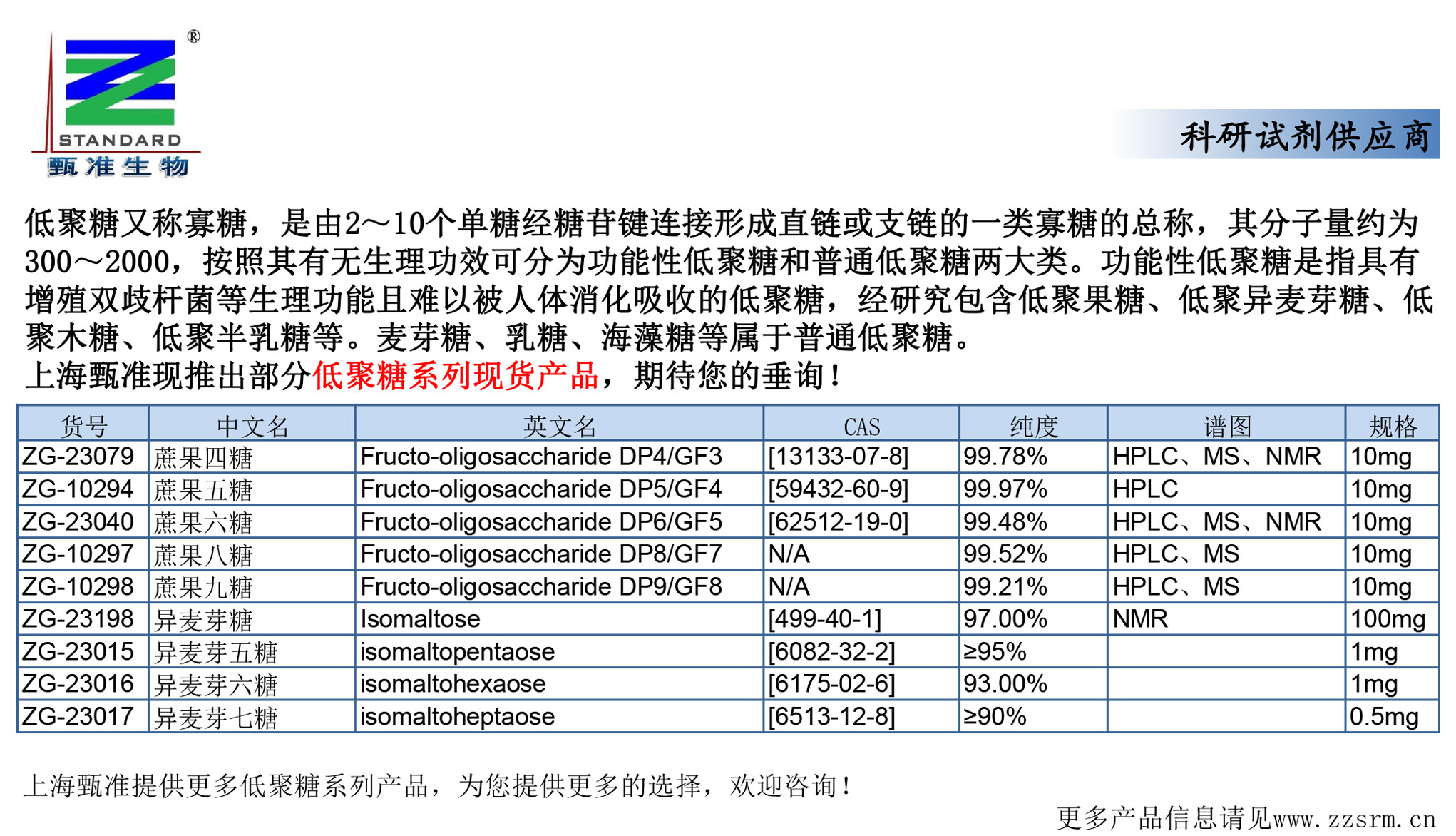 上海甄准现推出部分低聚糖系列现货产品，期待您的垂询！