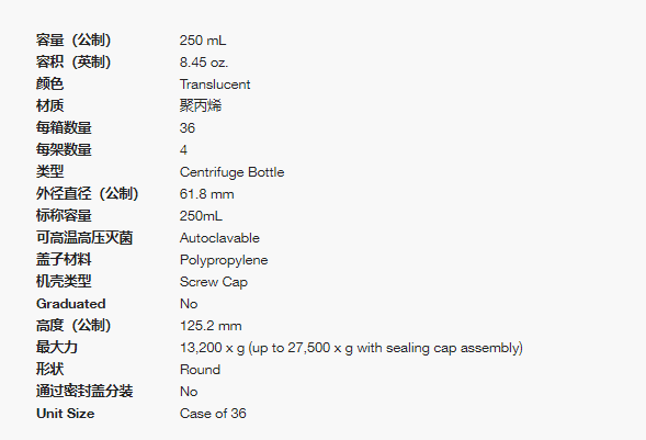 超速离心 离心瓶，聚丙烯共聚物;聚丙烯螺旋盖，250ml容量