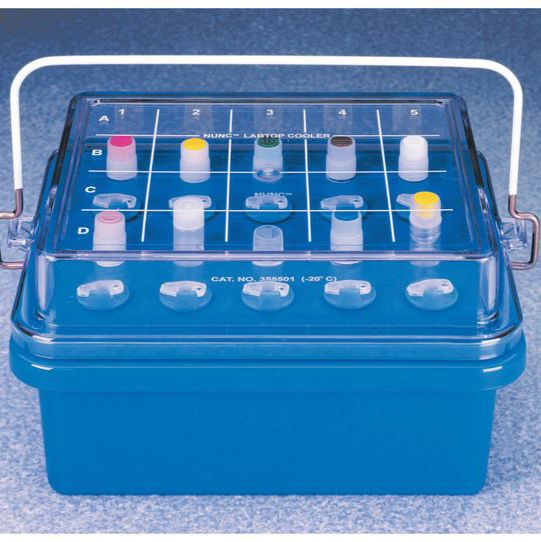 -20℃实验专用冷却盒，蓝色聚碳酸酯较低部分填充无毒胶体，聚碳酸酯盖，已填充胶体为白色，未填充胶体为透明，带手柄，4*8管阵列