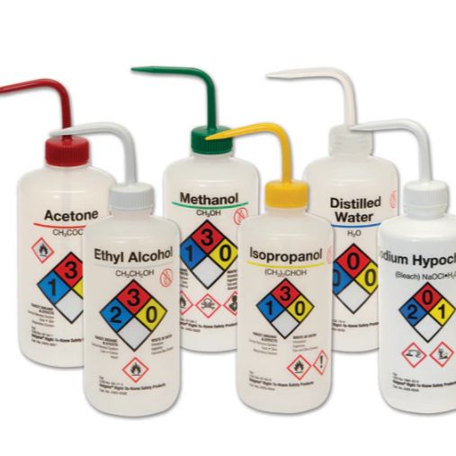 2425-0504 Nalgene 易认安全洗瓶，LDPE，白色LDPE或PPCO瓶体；PP或HDPE盖；PPCO填充管，500ml容量，异丙醇，黄色瓶盖