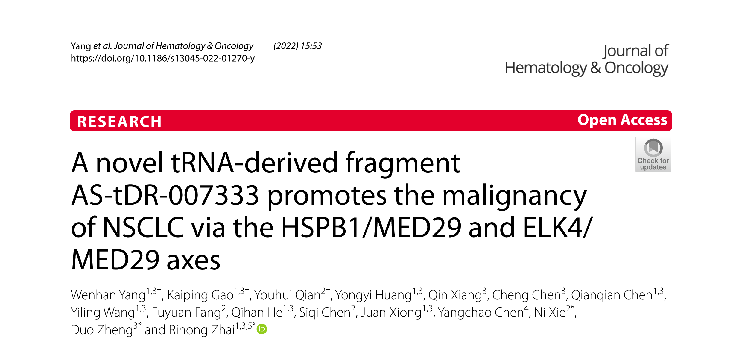 J Hematol Oncol（IF17.388）丨新致癌tRF AS-tDR-007333通过两种不同机制促进NSCLC的恶性