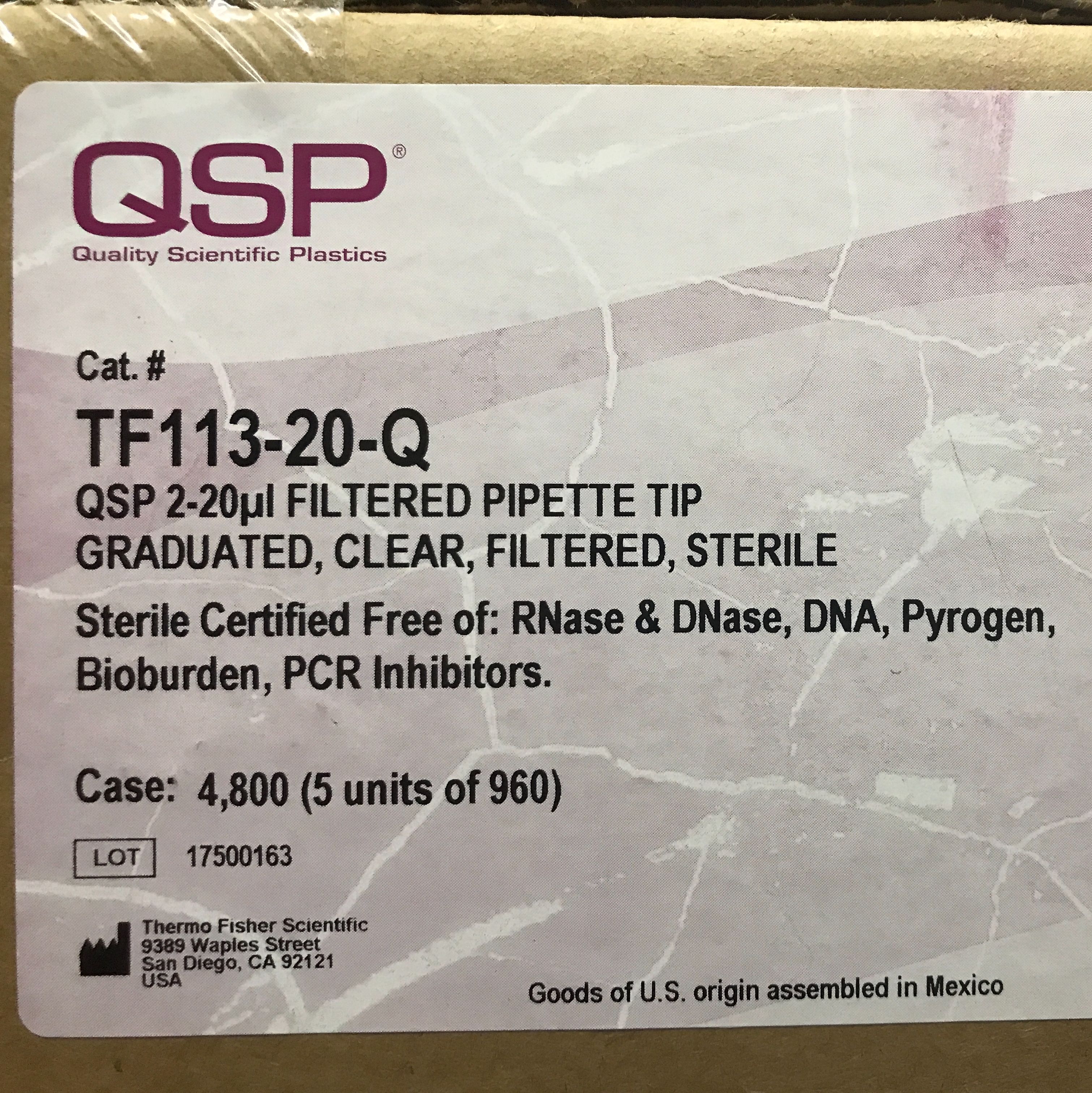 QSP货号TF113-20-Q现货2-20µl带滤芯收尖吸头(无色透明)无菌13611631389上海睿安生物