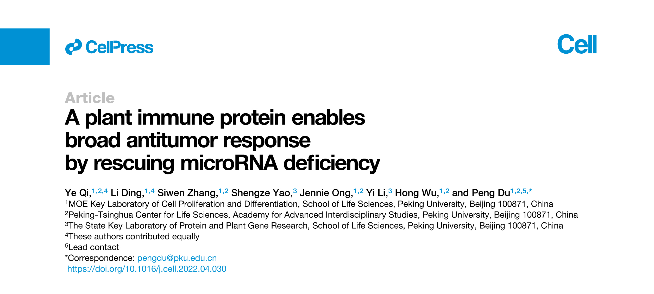 Cell丨一种植物免疫蛋白通过挽救miRNA缺陷可实现广谱抗肿瘤反应