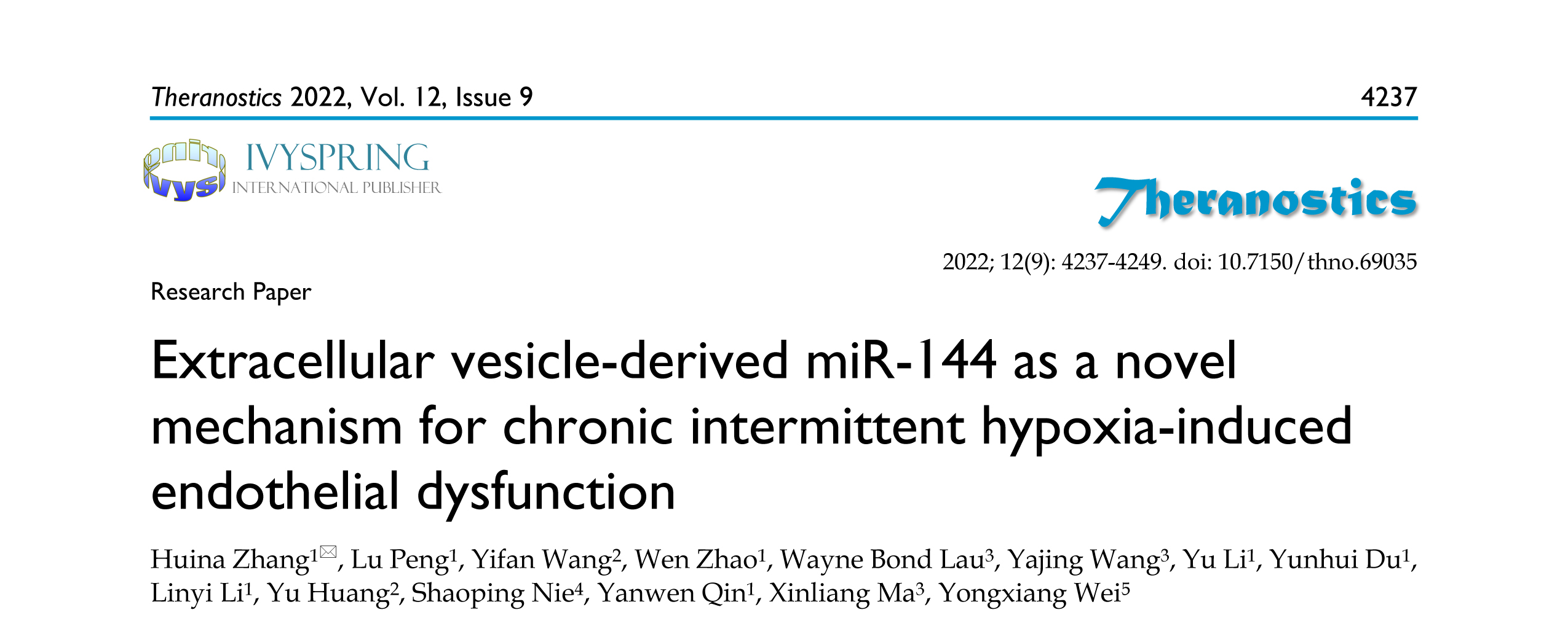 Theranostics丨EVs来源的miR-144作为慢性间歇性缺氧诱导的内皮功能障碍的新机制