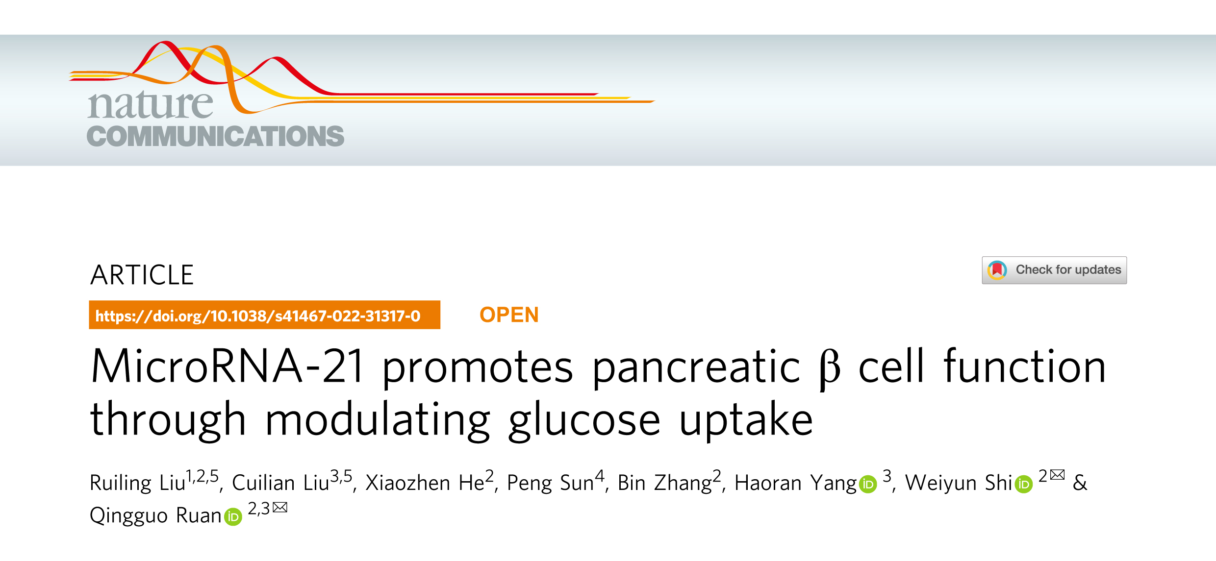 Nature子刊丨MicroRNA-21通过调节葡萄糖摄取促进胰腺β细胞功能