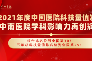 2021 年度中国医院科技量值发布，武汉大学中南医院学科影响力再创辉煌