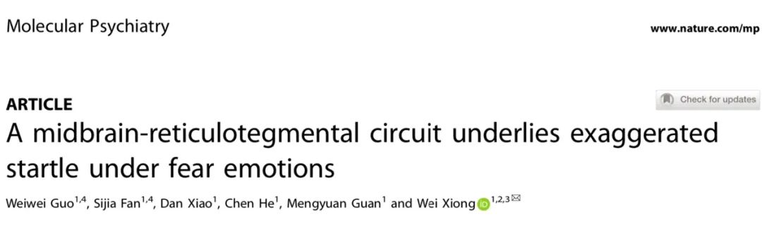 IF=13.44【客户文章】Molecular Psychiatry：中科大熊伟团队在恐惧情绪调控惊跳反射环路解析方面取得新进展