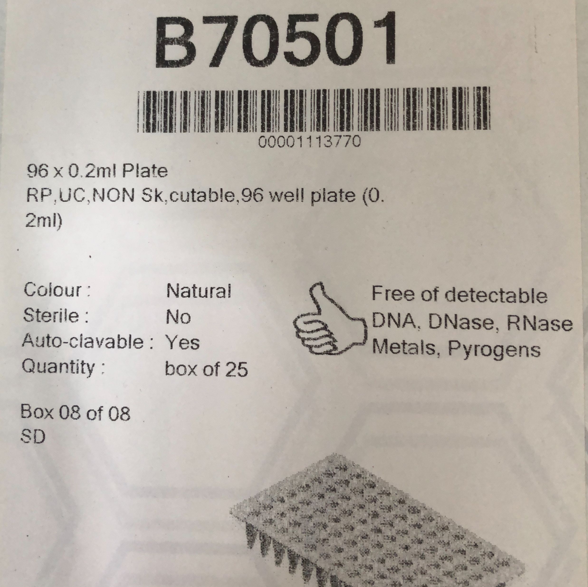 Bioplastic货号B70501现货EU材质0.2ml薄壁无裙边96孔板13611631389上海睿安生物