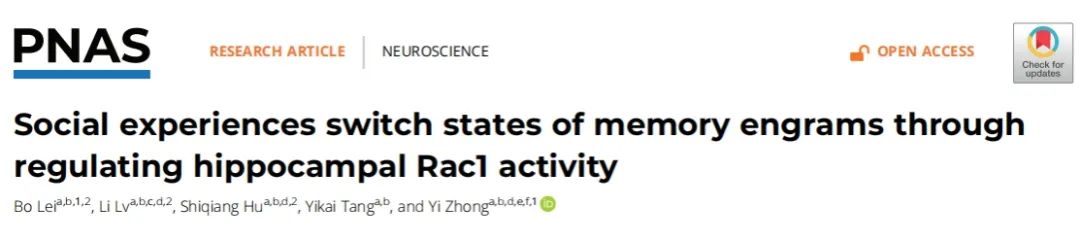 IF=12.78【客户文章】PNAS：清华生命学院钟毅课题组揭示了Rac1-依赖的遗忘机制是情绪状态影响记忆表达的神经基础