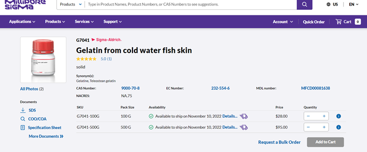 明胶Gelatin from cold water fish