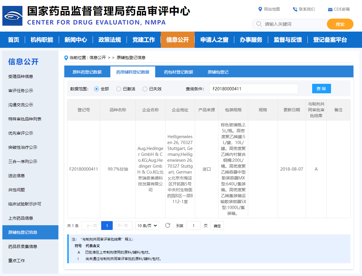 喜讯 | Hedinger注射级99.7%甘油的登记号已激活