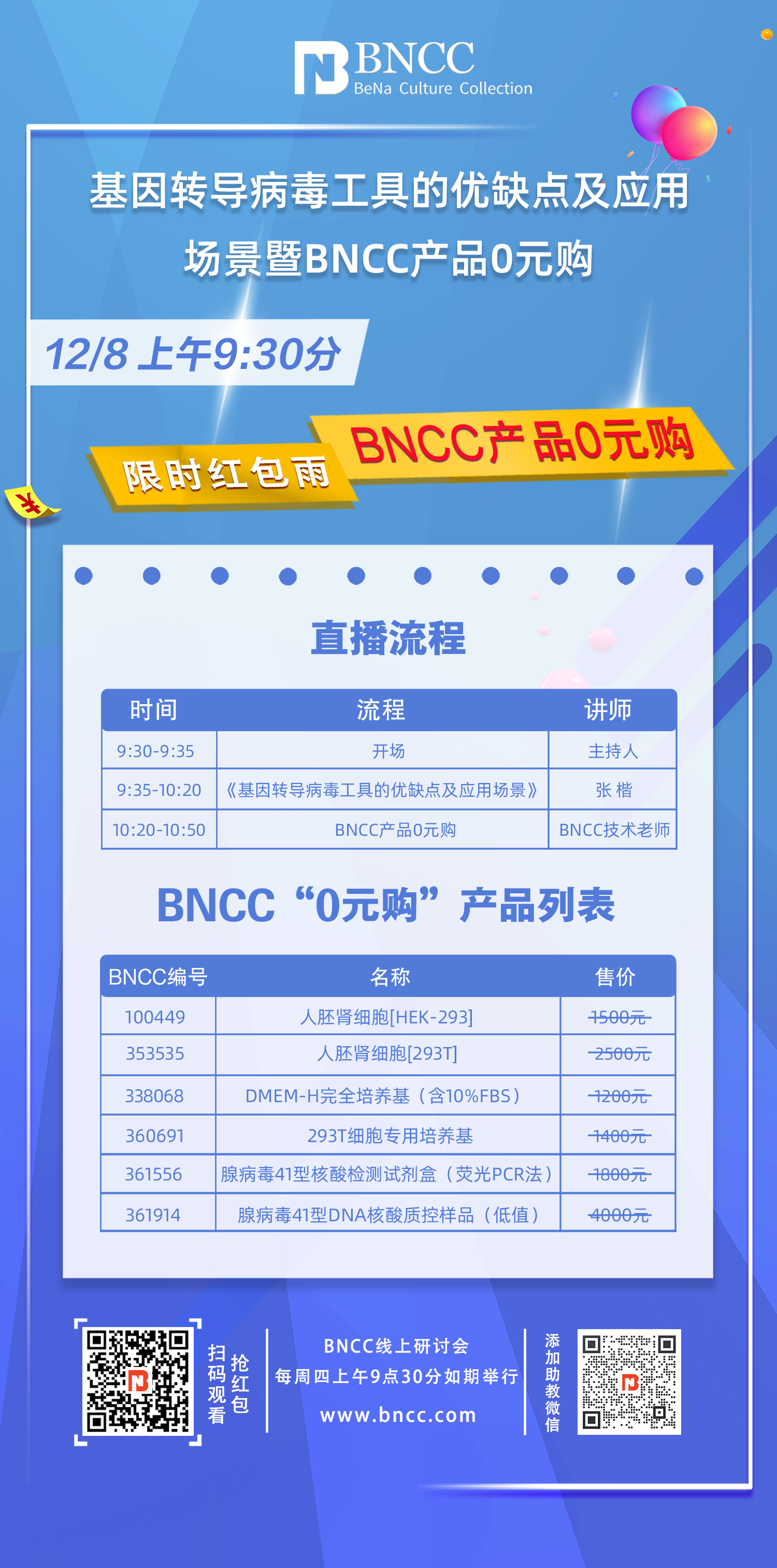 12.8日《基因转导病毒工具及应用暨BNCC产品0元购》来啦！