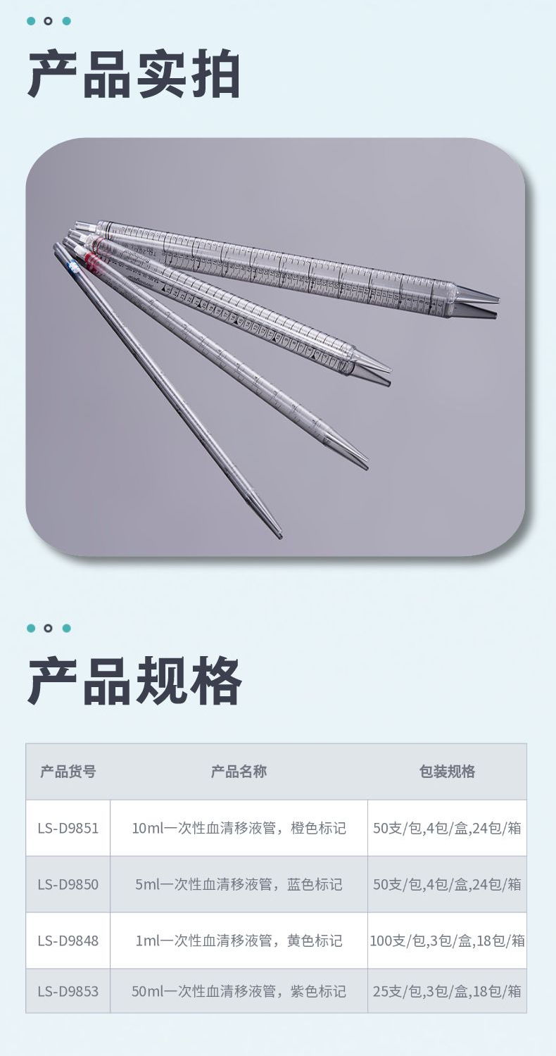 一次性 血清移液管 1ml/5ml/10ml/50ml