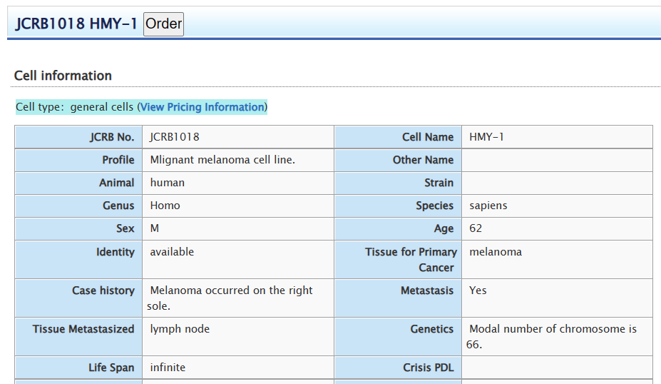 JCRB  #JCRB1018，HMY-1淋巴结黑色素瘤细胞 准现货供应