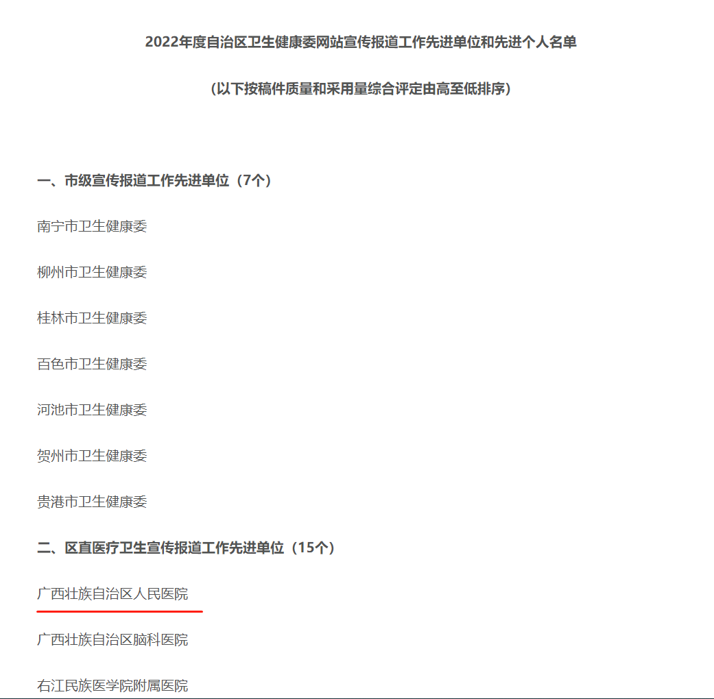 广西壮族自治区人民医院荣获 2022 年度自治区上级单位网站宣传报道工作先进单位