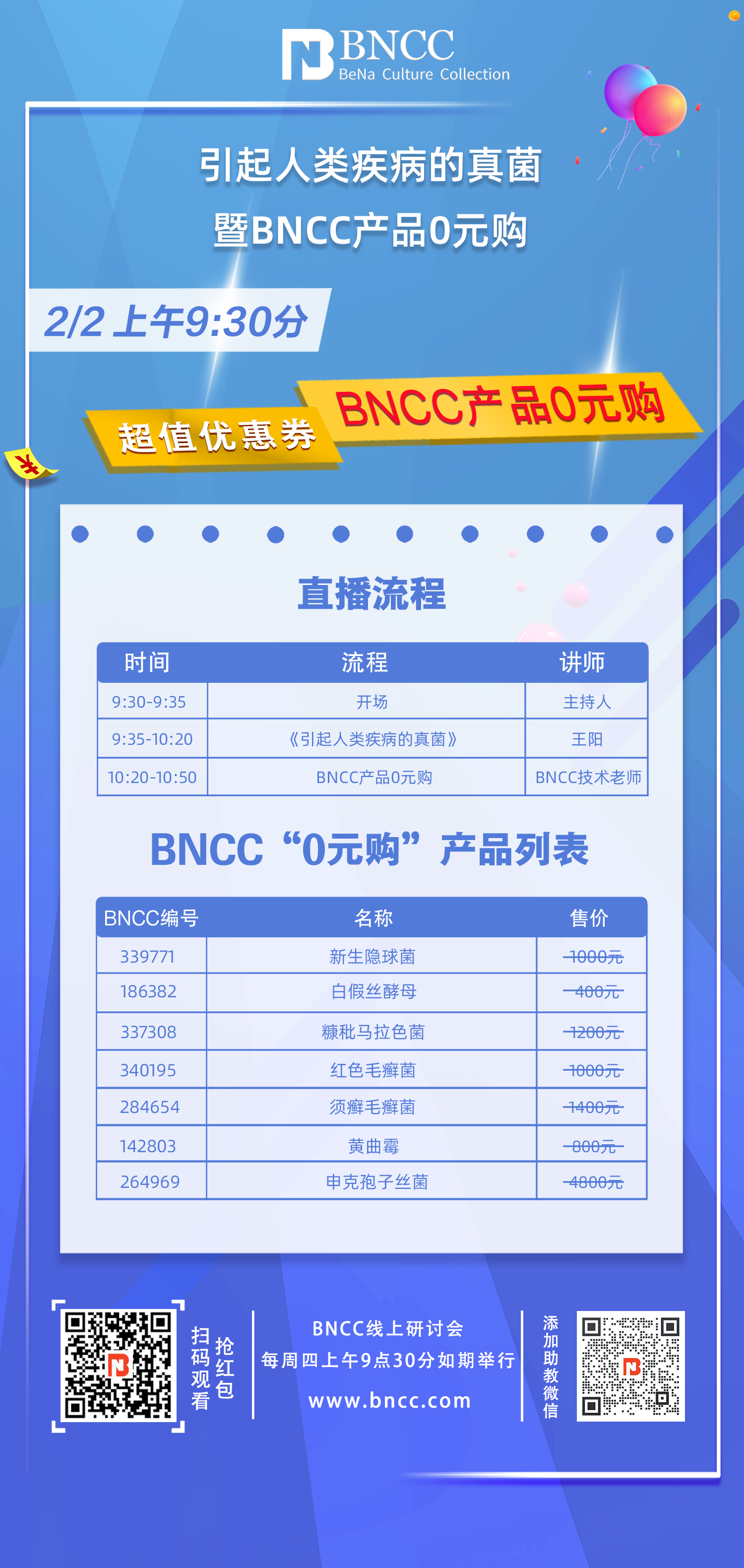 2.2日直播《 引起人类疾病的真菌暨BNCC产品0元购》来啦！