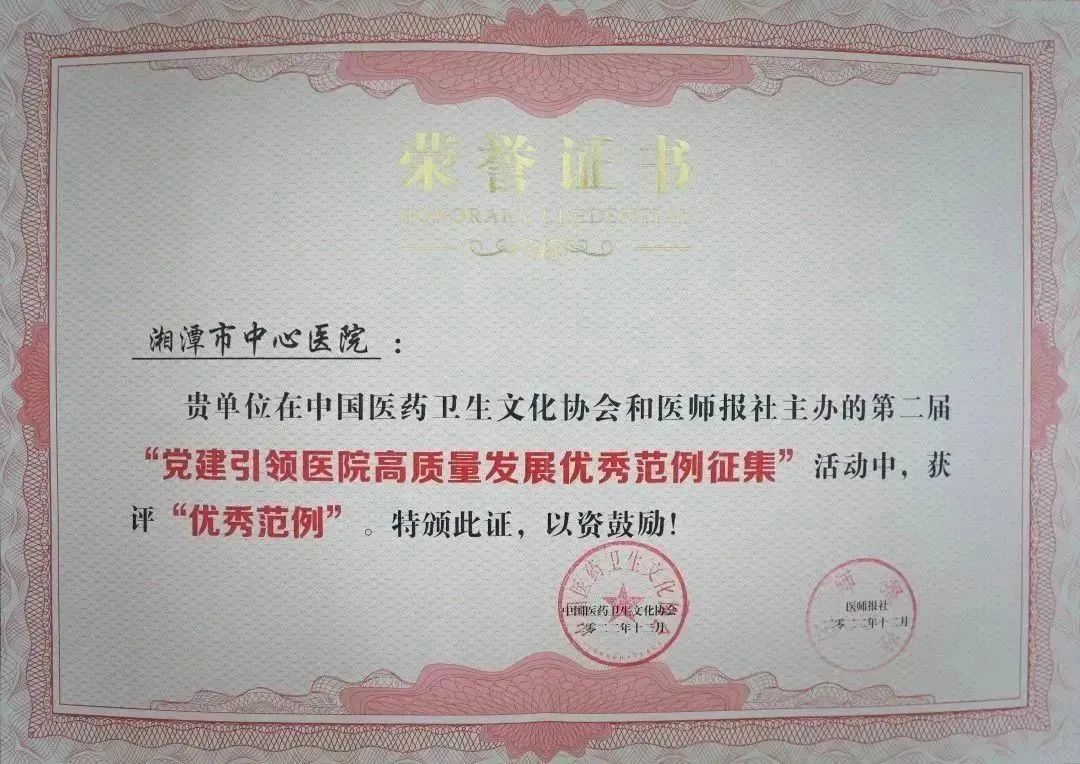 湘潭市中心医院喜获「第二届党建引领医院高质量发展优秀范例」殊荣