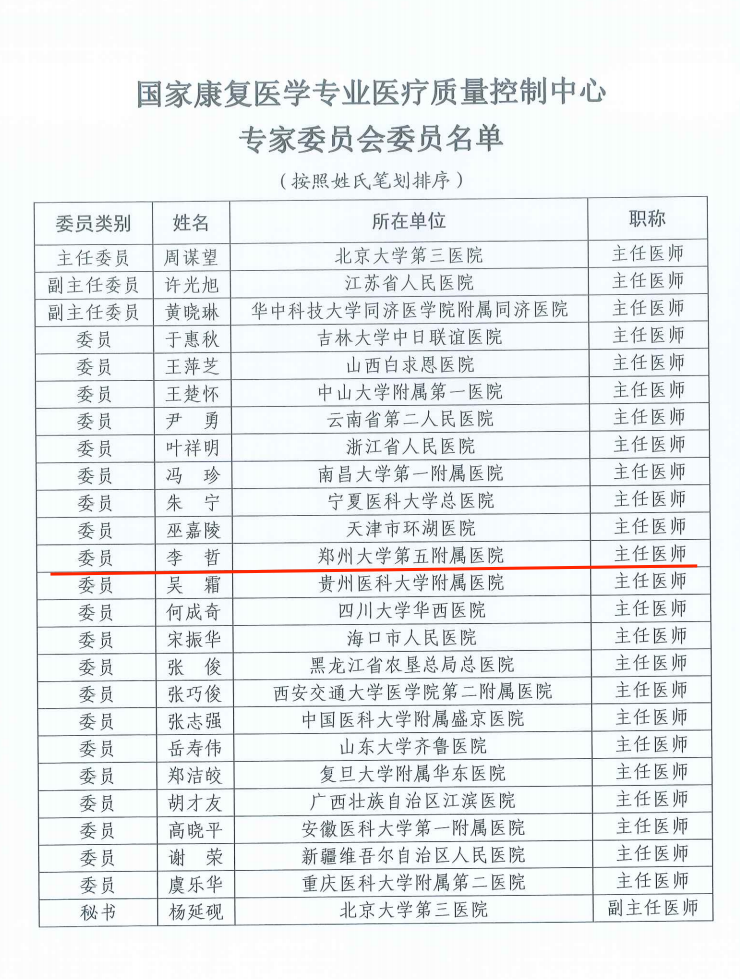 郑州大学第五附属医院康复医学科李哲主任当选国家康复医学质控中心专家委员会委员