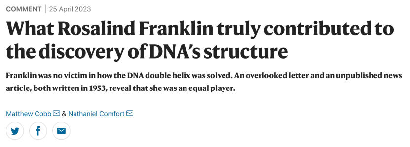 Nature:推翻「DNA 之父」沃森的说法,揭开富兰克林对 DNA 双螺旋结构的真正贡献